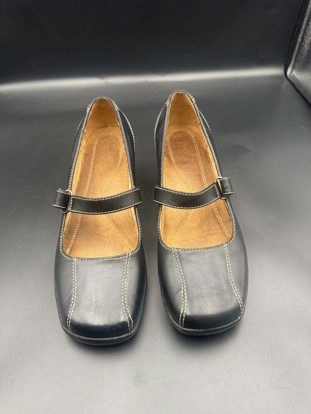 Natural Soul by Naturalizer Black Leather Mary Jane Wedge Shoes Size 8.5M